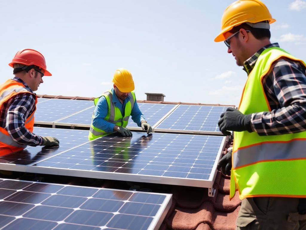 Equipe técnica instalando painéis solares